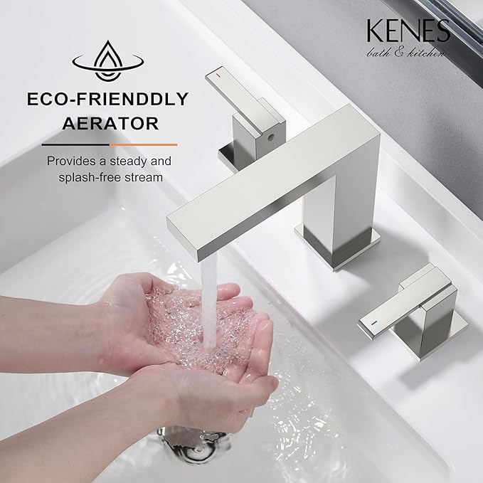 KENES 2 Handle Widespread Bathroom Faucets Brushed Nickel, Bathroom Sink Faucet 3 Hole Vanity Faucet with Lead-Free Supply Hose, KE-9050