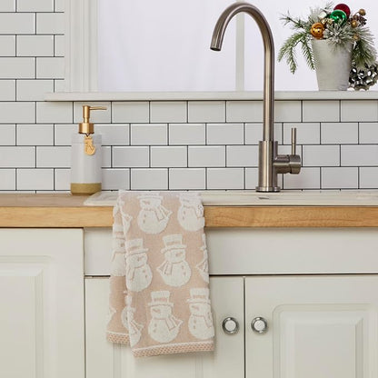 SKL Home Christmas/Winter Snowman Hand Towel Set-2pc, Jacquard, Tan | 100% Cotton. Soft, absorbent & reversible. Great for use in the bathroom, kitchen, or bar & gifting.