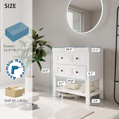 eclife 30" Bathroom Vanity with Sink Combo, Modern Painted Vanities Cabinet with Big Drawers, Opening Bottom Shelf, Raised Foot Pads, Exclude Undermount Sink, Faucet & Drain, White