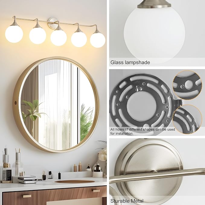 Brushed Nickel Bathroom Light Fixtures Over Mirror Vanity 5-Light | Mid Century Modern Brushed Nicke Wall Sconce with Milky White Glass Ball Shades for for Bathroom Dressing Table Bedroom