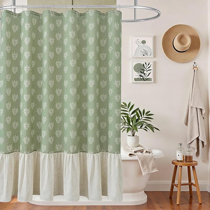 ORTIGIA Linen Textured Ruffle Shower Curtain with Metal Hooks, Green Vintage Block Print Floral Boho Waterproof Bath Curtain for Rustic Farmhouse Bathroom Decor 72x72 Inch