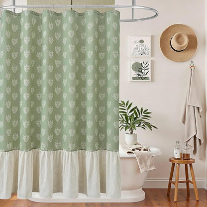 ORTIGIA Linen Textured Ruffle Shower Curtain with Metal Hooks, Green Vintage Block Print Floral Boho Waterproof Bath Curtain for Rustic Farmhouse Bathroom Decor 72x72 Inch