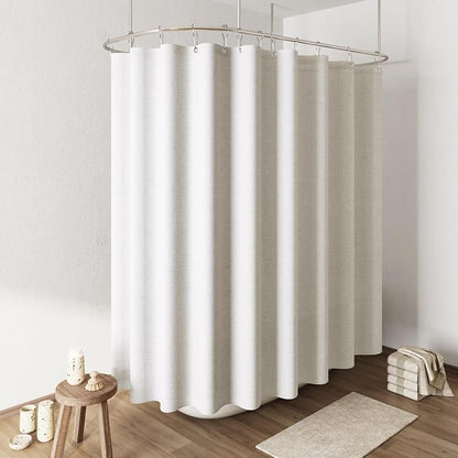 Beige White Extra Wide Linen Shower Curtain, Country Boho Farmhouse Bath Decor Shower Curtains Neutral Cloth Weighted Textured Fabric Bath Curtain Liner with Hooks, 108x72