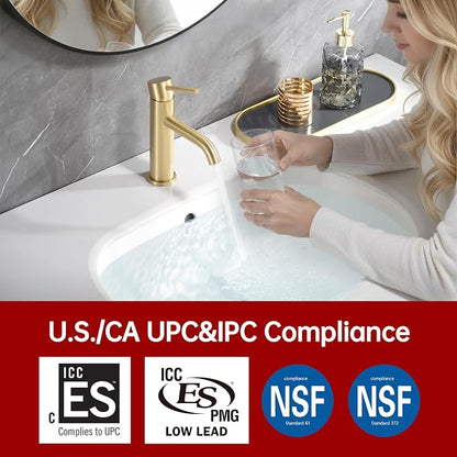 SUMERAIN Bathroom Sink Faucet Brushed Gold Single Handle Single Hole | Lead-Free, Stainless Steel, with Faucet Supply Lines, Easy DIY Install