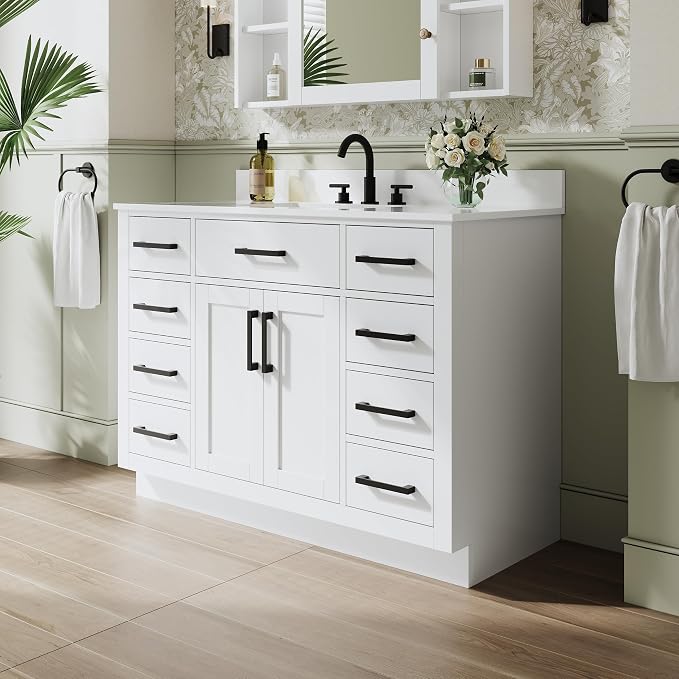 48-Inch Bathroom Vanity with Sink W/ 2 Doors & 8 Drawers & 1 Flip Drawer, White Vanity W/Matte Black Handles