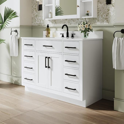 48-Inch Bathroom Vanity with Sink W/ 2 Doors & 8 Drawers & 1 Flip Drawer, White Vanity W/Matte Black Handles