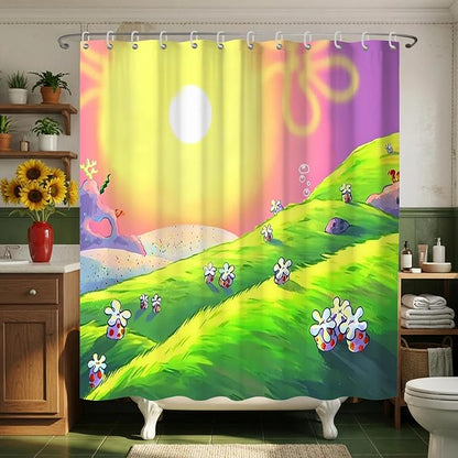 Anime Cartoon Green Hill Sunset Shower Curtain Set 72x72 Inches | Anime Cartoon Green Hill Sunset Landscape Print, Whimsical Home Guest Housewarming Cartoon Lover Bathroom Decor, With Hooks