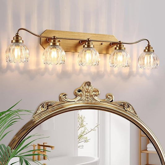 Vintage Bathroom Light Fixtures, 5 Light Gold Bathroom Vanity Light, Matte Antique Brass Finish with Crystal Glass Shade, Wall Sconces Lighting for Bedroom, Living Room, Hallway