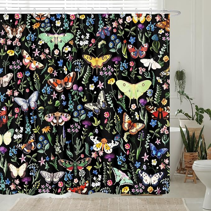 Boho Butterfly Floral Shower Curtain, Bright Abstract Bohemian Plant Flower Botanical Moth, Black Modern Aesthetic Chic Fabric Shower Curtain Bathroom Accessories 12 Pack Hooks, 72X78