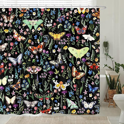 Boho Butterfly Floral Shower Curtain, Bright Abstract Bohemian Plant Flower Botanical Moth, Black Modern Aesthetic Chic Fabric Shower Curtain Bathroom Accessories 12 Pack Hooks, 72X78