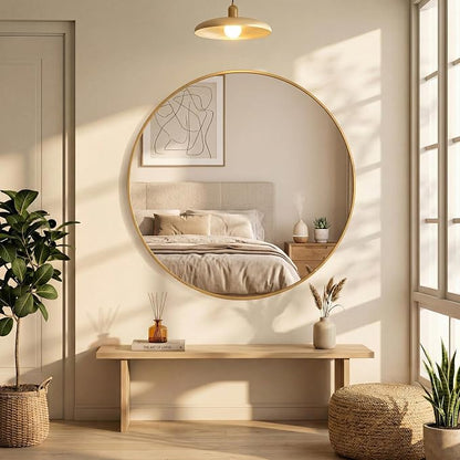 OLIXIS 28 Inch Gold Round Bathroom Wall Mirror, Mirrors for Over Sink | Circle Mirror with Tempered Glass for Home Decor, Entryway, Bedroom, Vanity, Shatterproof& Crystal-Clear