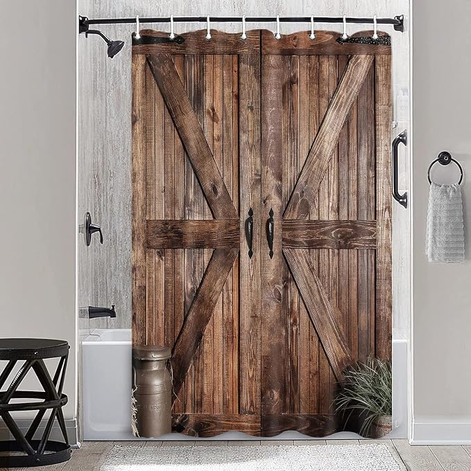 Small Size Rustic Barn Door Shower Curtain for Bathroom, Retro Countryside Wood Board Bathroom Decor Curtain Sets,Art Vintage Famhouse Western Bath Curtains RV Shower Curtains with Hooks 36X70IN