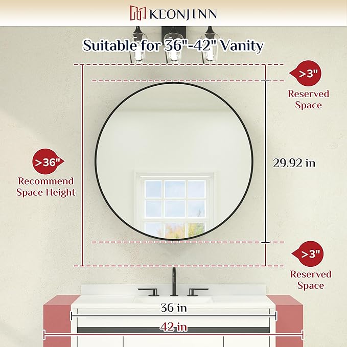 Keonjinn 30 Inch Round Lighted Medicine Cabinet, White LED Medicine Cabinet Mirror, Circle, Electrical Outlet, 3 Color Lights, Anti-Fog, Dimmable, Surface Mount Only