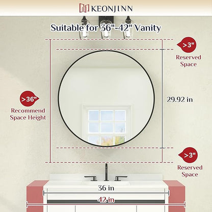 Keonjinn 30 Inch Round Lighted Medicine Cabinet, White LED Medicine Cabinet Mirror, Circle, Electrical Outlet, 3 Color Lights, Anti-Fog, Dimmable, Surface Mount Only