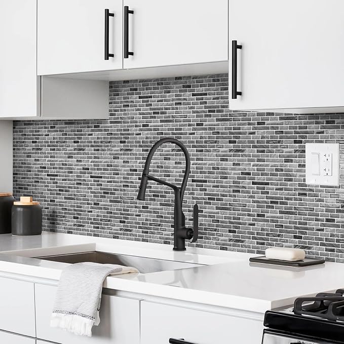 URCOLOR 10-Sheet Peel and Stick Backsplash Tile for Kitchen - 12”×12” Stick on Wall Tile for Bathroom, Dark Grey