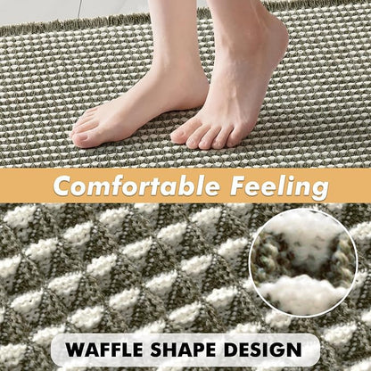 MIULEE Set of 2 Waffle Bathroom Rugs Boho Bath Mat Green&Cream 24x36 Inch | Non Slip, Super Absorbent, Washable, Ultra Soft, Rubber Backed, Large Bath Rugs for Bathroom Floor Tub Shower