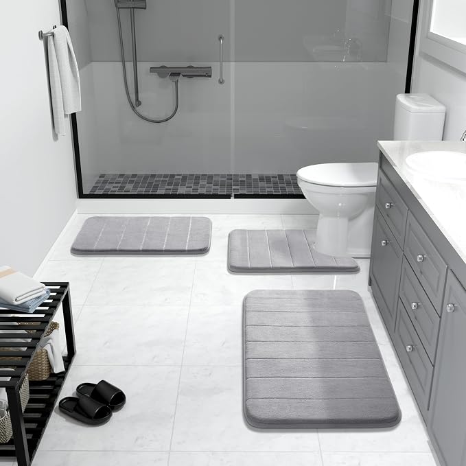 Yimobra Memory Foam Bath Mat 31.5x20, 5X Softer and Absorbent Bathroom Rug | Quick Dry Bath Rug, Non Slip Backing And Machine Washable Floor Carpet for Tub Shower, Home Decor Accessories, Grey