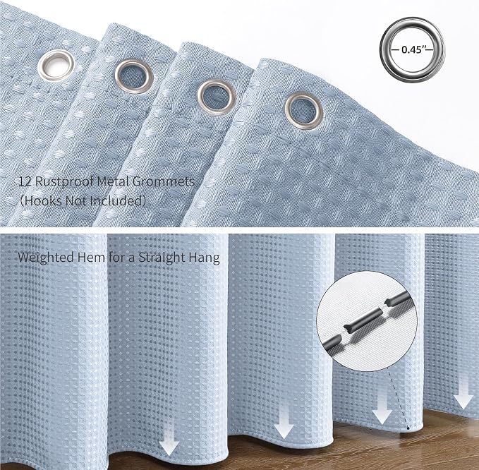 Fog Blue 256GSM Waffle Weave Shower Curtain, 72"x84" | Extra Long with Weighted Hem & Rustproof Grommets-Water-Repellent Polyester, Hotel Spa Style for Bathroom,RV,Apartment
