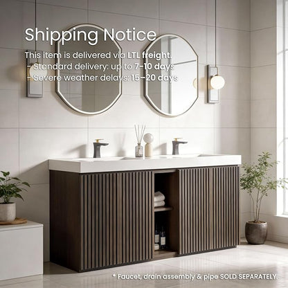 60" Double Bathroom Vanity with Sink Combo, Mid Century Modern Bathroom Cabinet with Doors & Shelves, Glossy White Integrated Sink with Overflow, Dark Grey Oak