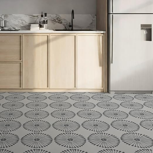 16-Sheet Peel and Stick Floor and Wall Tile, 9" x 9" Gray Stone Composite Self Adhesive Vinyl Flooring, Patterned Flower Groutable Backsplash Tile for Kitchen Bathroom Shower