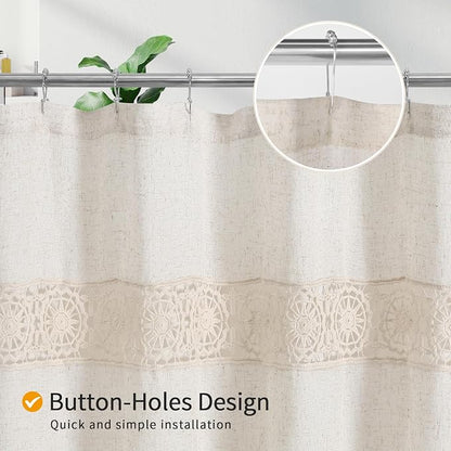 Linen Boho Lace Shower Curtain Liner Set 72x78 | Long Farmhouse Shower Curtain with Macrame Decor, Cotton Bohemian French Country Bath Curtain , Beige/Cream