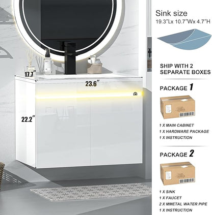AHB 24 inch Bathroom Vanity W/Sink Combo, High Gloss Bathroom Cabinet, Smart Wall Mounted Sink Cabinet Auto Motion Sensor LED Light, Modern Floating Vanity with Faucet