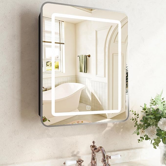 24 x 30 Inch LED Medicine Cabinet with Mirror, Recessed or Surface Mount, Soft Close Hinges, Adjustable Shelves, Silver