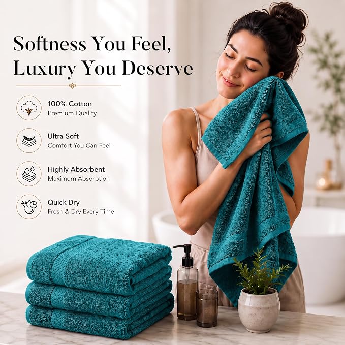 DAN RIVER 600 GSM Cotton Large Bath Towels Set of 4, 27 x 54 Inches, Teal | Larger & Lighter Weight Towels for Bathroom - Highly Absorbent & Quick Dry 100% Cotton Bath Towel Set for Home, Spa & Hotel