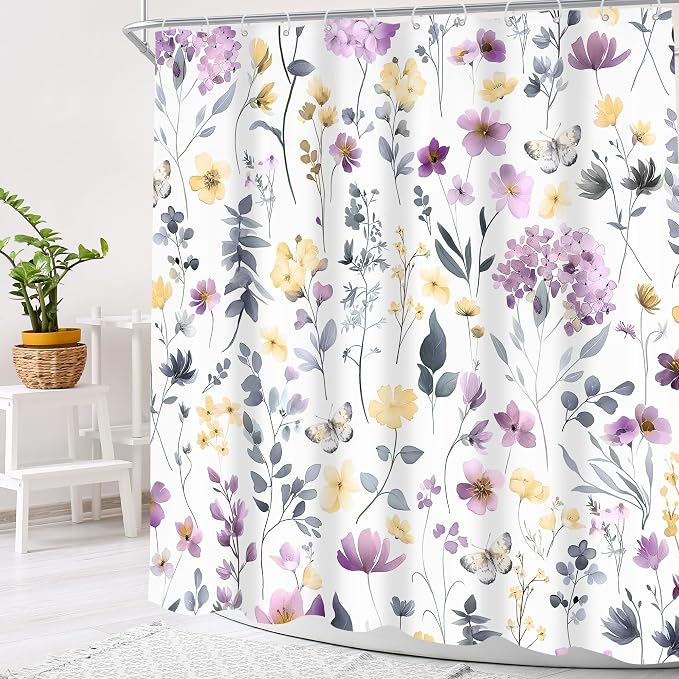 Purple Lilac Lavender Flower Floral Women Girls Bathroom Shower Curtain Set | 72"W x 72"H Girly Wildflower; waterproof HD print, quick-dry fabric and plastic hooks for easy setup.