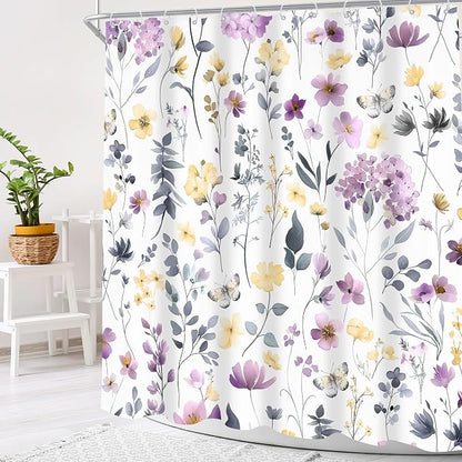 Purple Lilac Lavender Flower Floral Women Girls Bathroom Shower Curtain Set | 72"W x 72"H Girly Wildflower; waterproof HD print, quick-dry fabric and plastic hooks for easy setup.