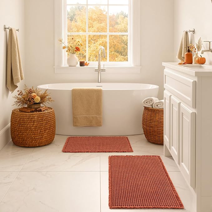MIULEE Fall Orange Set of 2 Waffle Bathroom Rugs Boho Bath Mat 24x36 Inch | Non Slip, Super Absorbent, Washable, Ultra Soft, Rubber Backed, Large Bath Rugs for Bathroom Floor Tub Shower