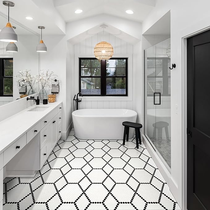 MSI White and Black 12 in.x 12 in. Hive Pattern Matte Porcelain Mosaic Tile for Kitchen Backsplash, Bathroom Wall, Shower, and Floor