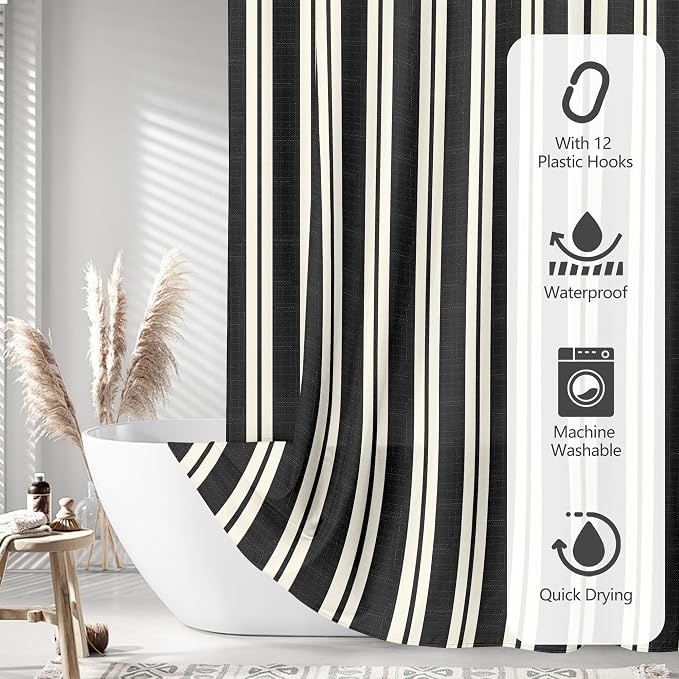 Tititex Cute Candy Cane Striped 140gsm Faux Linen Fabric Shower Curtain, Elegant Classic Black Beige Shower Curtain Sets Decoration 72x78 Inch with Hooks