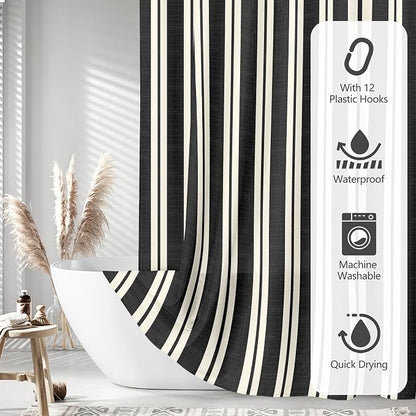 Tititex Cute Candy Cane Striped 140gsm Faux Linen Fabric Shower Curtain, Elegant Classic Black Beige Shower Curtain Sets Decoration 72x78 Inch with Hooks