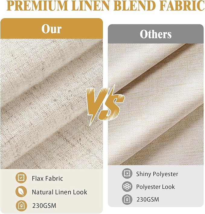Beige Linen Shower Curtain Cream, Fabric Boho Farmhouse Shower Curtains for Bathroom Cotton Natural Cloth Liner Set 72" W x 72" L