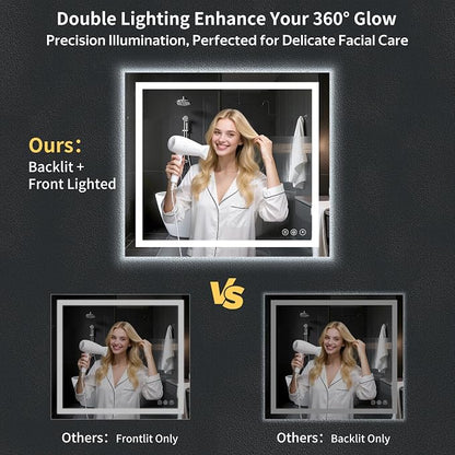 36"x40" LED Bathroom Mirror with Lights, Backlit+Frontlit, Anti-Fog | CRI 95, Stepless Dimmable, 3 Colors Lighting, Shatterproof Tempered Glass, HD Reflection, Memory, (Horizontal/Vertical)