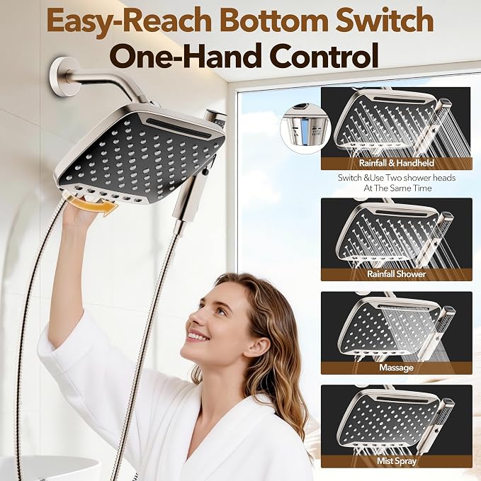 JDO High Pressure Rain Shower Head with Handheld Spray Brushed Nickel | 7 Modes Dual Shower Head, 10-inch Rainfall Showerheads Combo, Detachable Hand Held Shower Wand, Power Jets, 71" Shower Hose