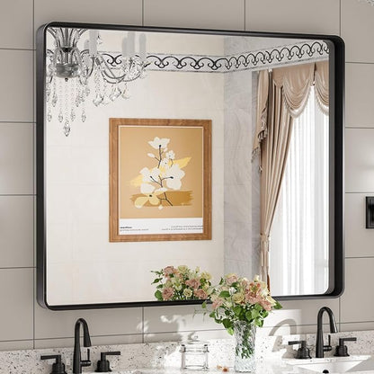 Black Framed Mirrors for Bathroom, 42 x 36 Inch Modern Decorative Wall Mounted Rectangle Matte Framed Vanity Mirror (Horizontal/Vertical)