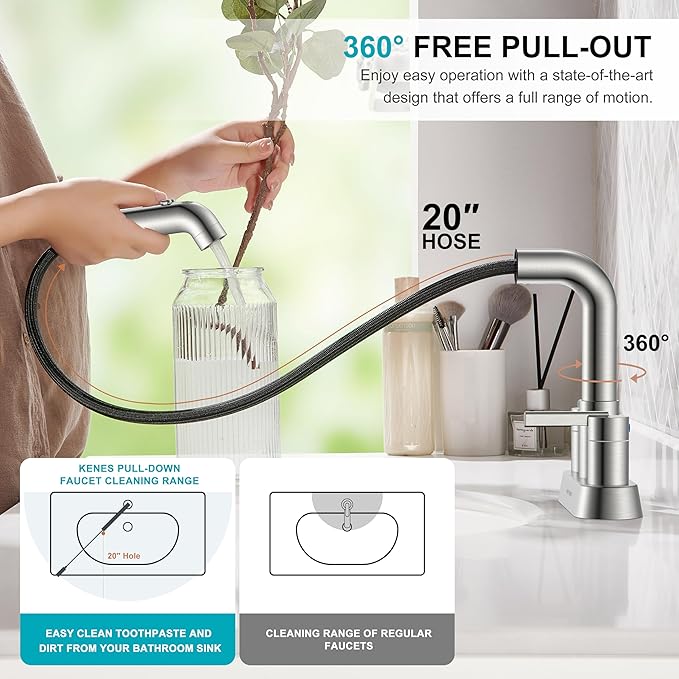 KENES Pull Down Bathroom Faucet with Sprayer, Brushed Nickel 4 Inch 2 Handle Centerset Bathroom Faucets 3 Hole with Pull Out Sprayer, Vanity Faucet with Pop Up Drain & Supply Lines LJ-9059A