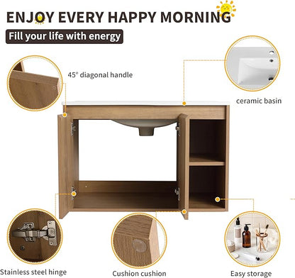 30 Inch Bathroom Vanity with Sink, Imitative Oak Modern Wall Mount Floating Vanity Set with Soft-Closing Door and Ceramic Basin, Contemporary Styling for Elegant Bathrooms