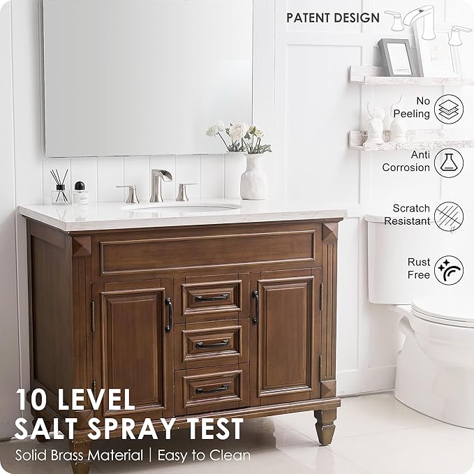 Brushed Nickel Bathroom Faucet 3 Hole, 4-8 Inch Waterfall Bathroom Sink Faucet Widespread with Drain & cUPC Supply Hose, 2 Handles for Vanity, Lavatory, Restroom, Brass Material, 10 Mins Install