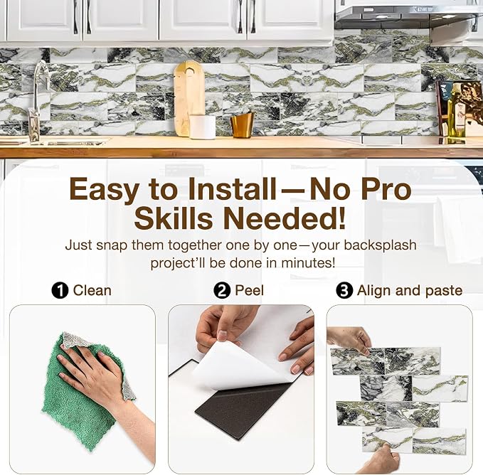 Peel and Stick Backsplash Tile for Kitchen & Bathroom Walls (Rough Verde Antique, 10 Tiles - 9.7 sq. ft. (0.9 m²))