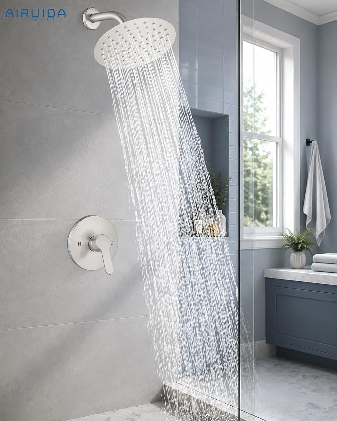 Airuida 8 Inch Brushed Nickel Shower Faucet Set,Shower Valve Kit | Female Threads Rough-in Valve Shower Trim Kit,Single Handle Control Shower Set