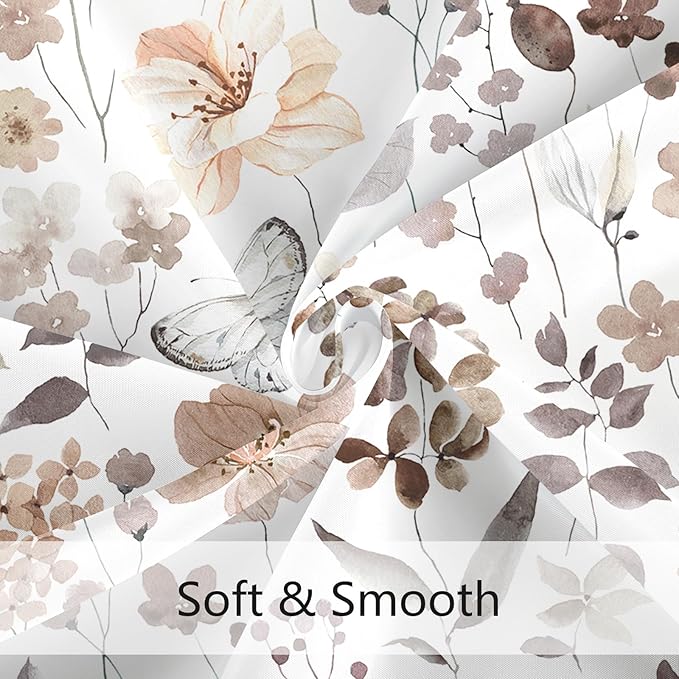 Extra Long Shower Curtain 72 x 96 Inch, Floor to Ceiling X-Long Brown Floral Shower Curtain, Watercolor Flower Butterfly Fabric Shower Curtain Set with Hooks