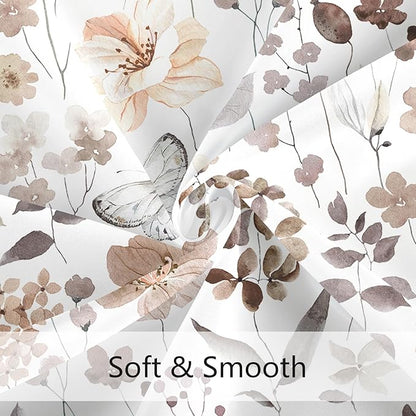 Extra Long Shower Curtain 72 x 96 Inch, Floor to Ceiling X-Long Brown Floral Shower Curtain, Watercolor Flower Butterfly Fabric Shower Curtain Set with Hooks