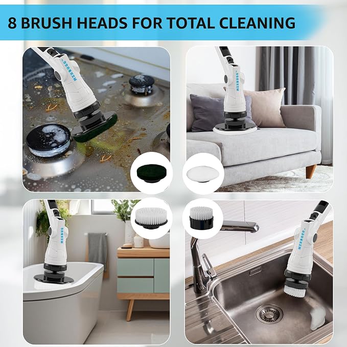 Electric Spin Scrubber, 3 Speeds 8 Heads Bathroom Cleaning Brush | 6-Angle Adjustable Head, 54" Extendable Handle, IPX6 Waterproof, Cordless, Shower Cleaner Brush for Tub Grout Tile Floor Car