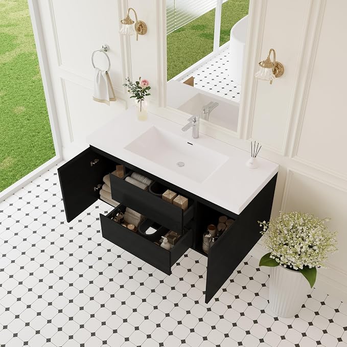 Floating Bathroom Vanity with Sink, 48" Wall-Mounted Bathroom Storage Vanity Cabinet with Resin Top Basin and Soft Close Drawers, No Assembly Required, Espresso Wood