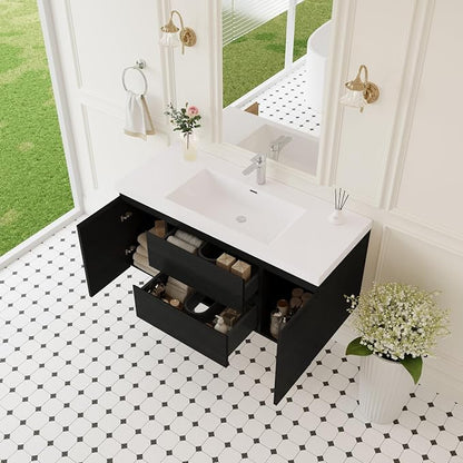 Floating Bathroom Vanity with Sink, 48" Wall-Mounted Bathroom Storage Vanity Cabinet with Resin Top Basin and Soft Close Drawers, No Assembly Required, Espresso Wood