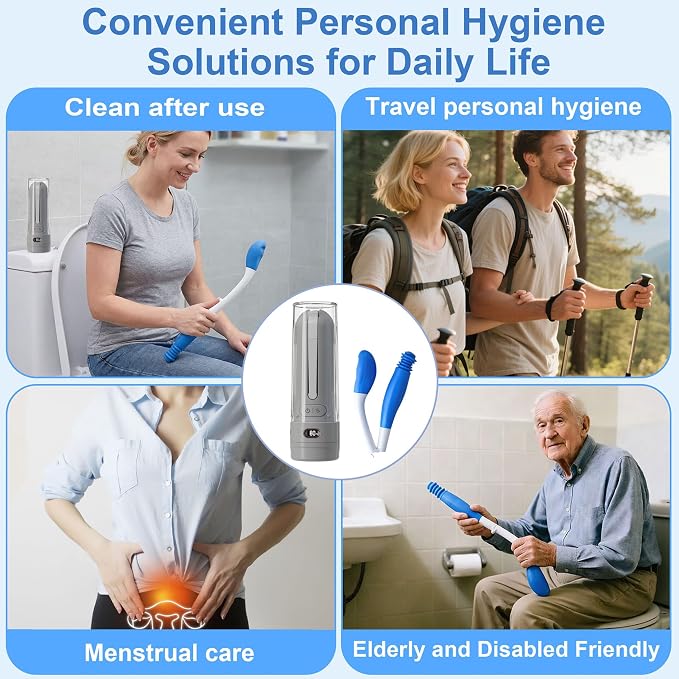 Electric Portable Bidet Toilet Aids Wiper Tool Set, Gray | 2-in-1 travel hygiene kit 15.7" extended length wiping tools 1600mAh Long-lasting Battery USB-C Rechargable IPX7 Waterproof