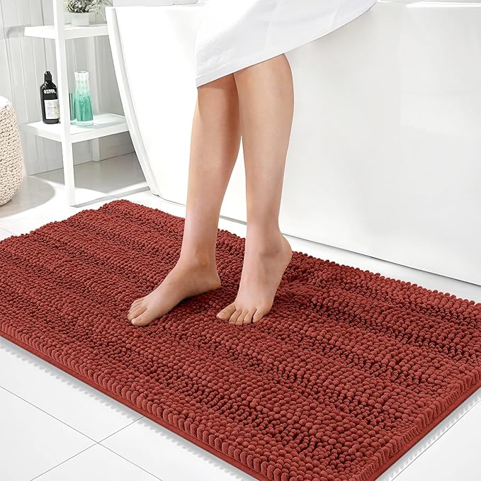 OLANLY Bathroom Runner Rugs 44x24, Chenille Bath Rugs, Rustic Terracotta | Rubber Backing, Machine Wash, Extra Absorbent Striped Bath Mats for Bathroom Floor, Tub and Shower, Home Decor Accessories